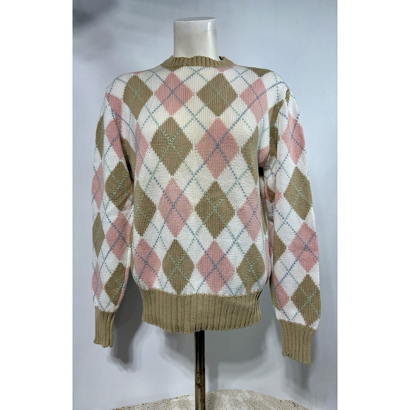 Vintage Polo Ralph Lauren Argyle Sweater M 100% Cotton Pink Tan Preppy 19 X 21 - Picture 2 of 8